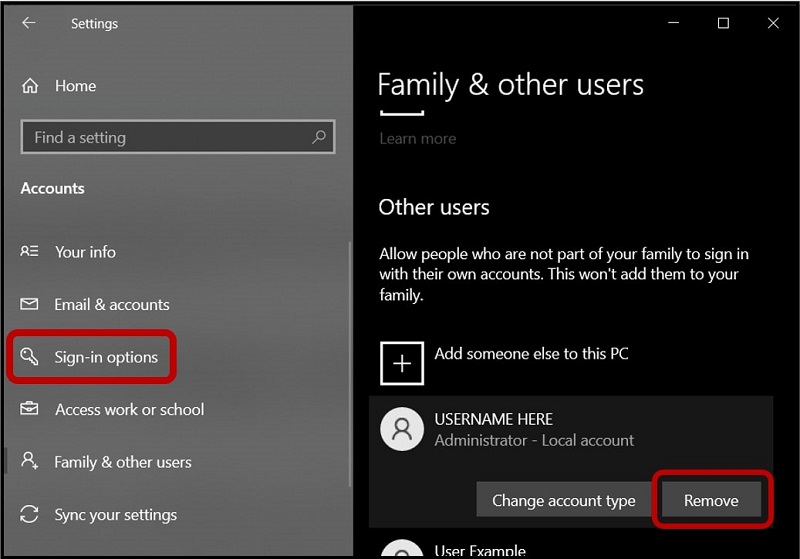 The Accounts (of Settings Menu) showing Remove Admin account option on Windows 10