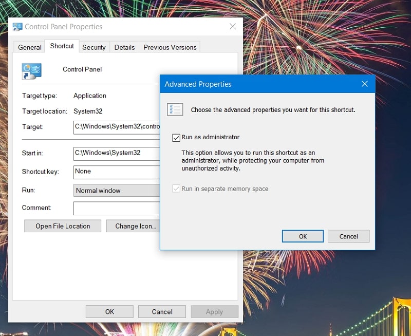 The Advanced Properties window for control panel shortcut on Windows 10