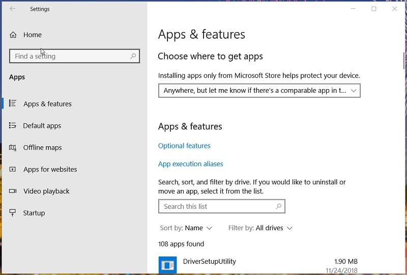 The Apps & features tab from Settings on Windows 10