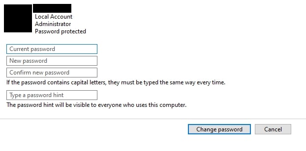 Change the password and password hint from control panel on Windows 10