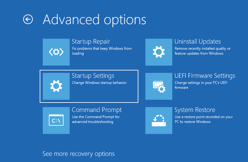 choisir les paramètres de démarrage dans les options avancées de Windows 10