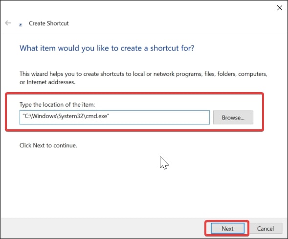 Create a shortcut for Command Prompt on Windows 10