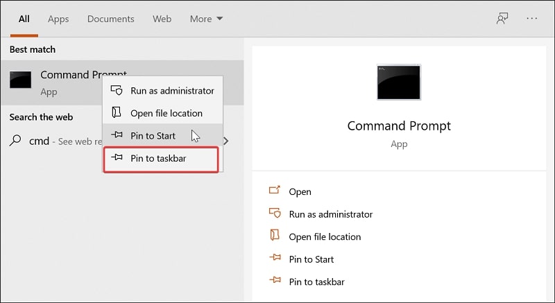 Afficher l'invite de commande dans la barre des tâches de Windows 10