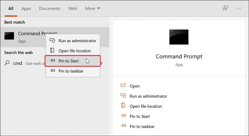 Pin Command Prompt to Start on Windows 10