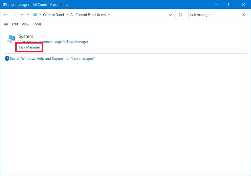 Ouvrir le gestionnaire de tâches à partir du Panneau de configuration sur Windows 10