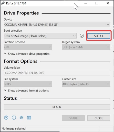 Create a Windows 10 bootable disk with rufus