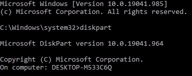 diskpart on Windows 10 command prompt