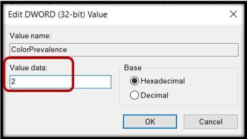 Boîte d'édition sous le registre montrant les données de la valeur 2 pour changer la couleur de la barre des tâches sur Windows 10