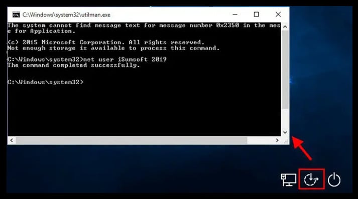 Command Prompt on the lock screen displaying the command to hack Windows 10 admin password