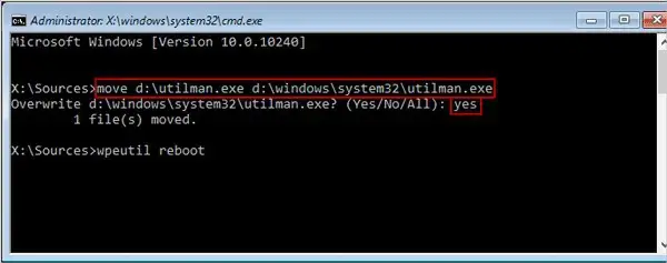 Eingabeaufforderung mit dem Befehl zum Ersetzen des Utility Center Back nach dem Hacken des Windows 10-Passworts