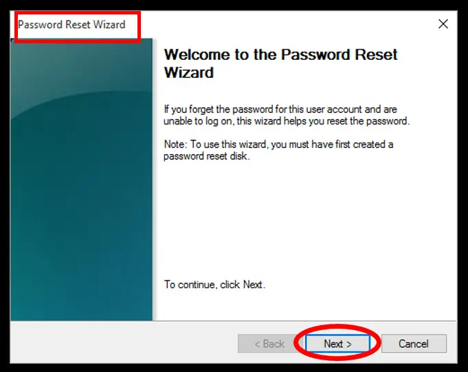 wachtwoord reset wizard setup scherm-doorgaan en hack Windows 10 admin wachtwoord