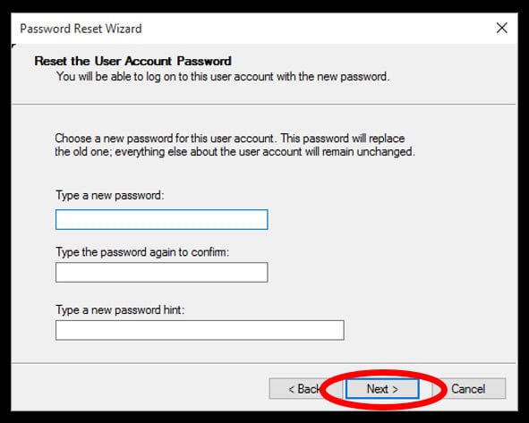 Password Reset Wizard setup - create a new password to hack into Windows 10