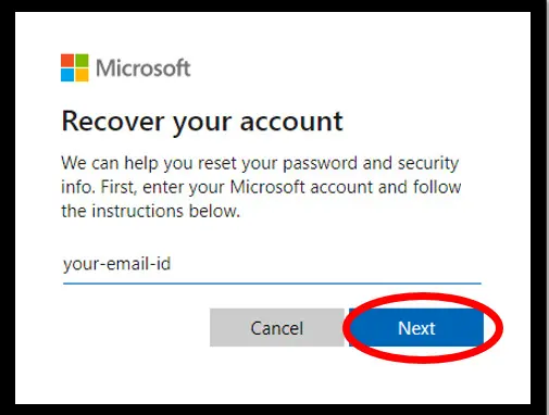 Seite zum Zurücksetzen des Microsoft-Kennworts, auf der nach der E-Mail-ID des Benutzers gefragt wird, um die Benutzerkonten wiederherzustellen