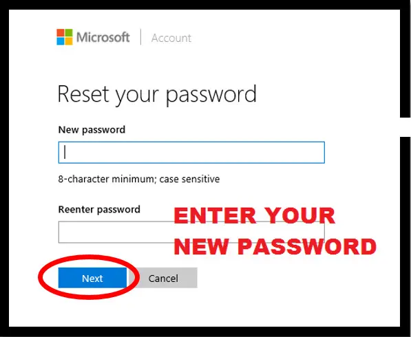 Microsoft Password Reset pagina markeren van het nieuwe wachtwoord scherm