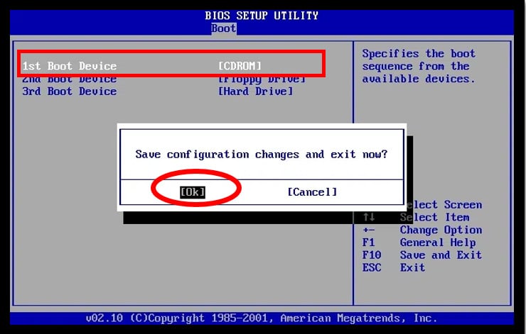 Menu du BIOS sous Windows 10 affichant le démarrage via le disque d'installation sous Windows 10
