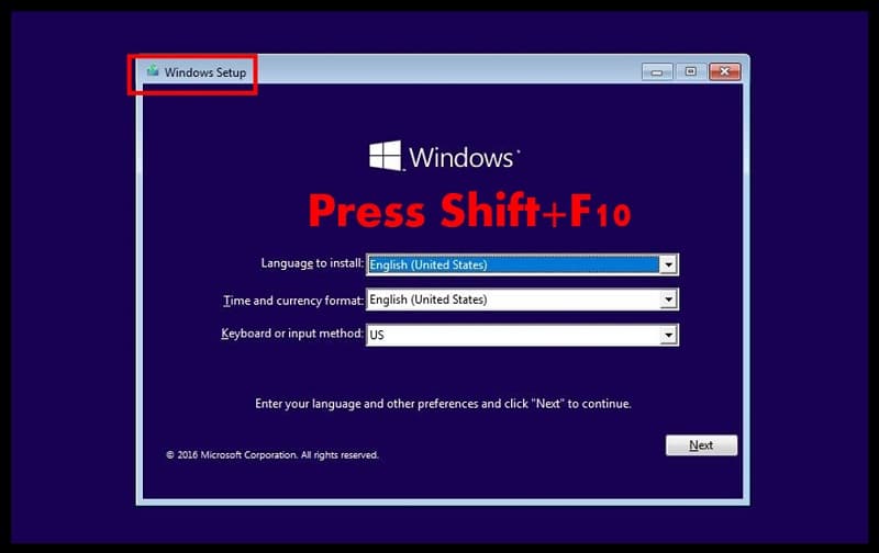 Écran de configuration de l'installation de Windows 10 mettant en évidence la clé permettant d'ouvrir l'invite de commande pour pirater le mot de passe de Windows 10