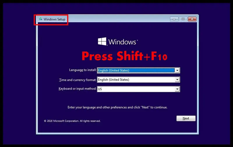 Installations-Setup-Bildschirm unter Windows 10 Hervorheben des Schlüssels zum Öffnen der Eingabeaufforderung zum Hacken des Windows 10-Kennworts