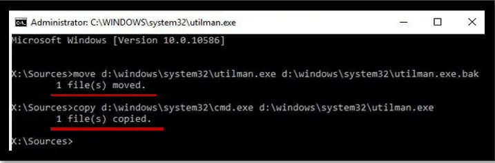 Eingabeaufforderung Mit dem Befehl zum Ersetzen des Utility Centers auf dem Windows 10-Sperrbildschirm