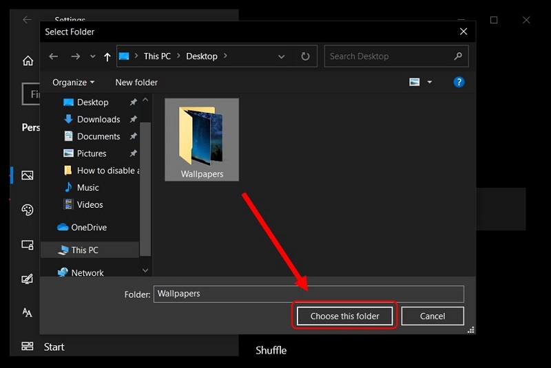 Windows 10 Choisissez ce dossier pour sélectionner les images du diaporama.
