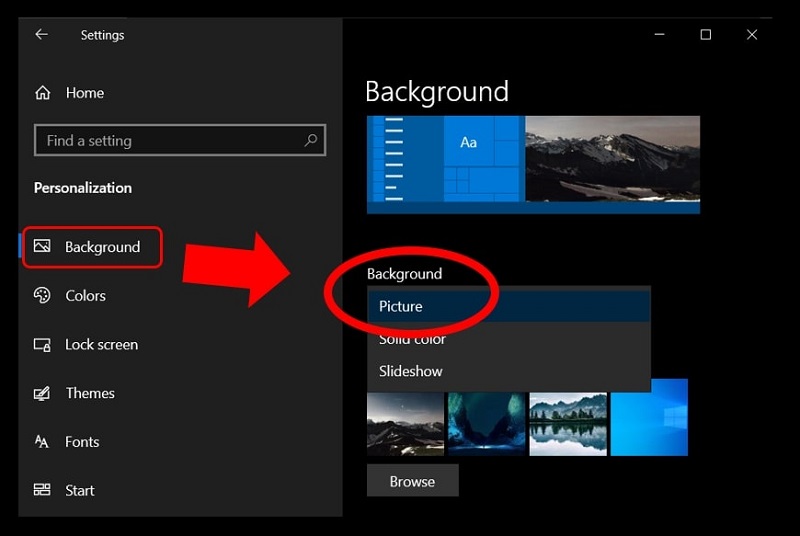 Personalization Background options to change the Wallpaper on Windows 10