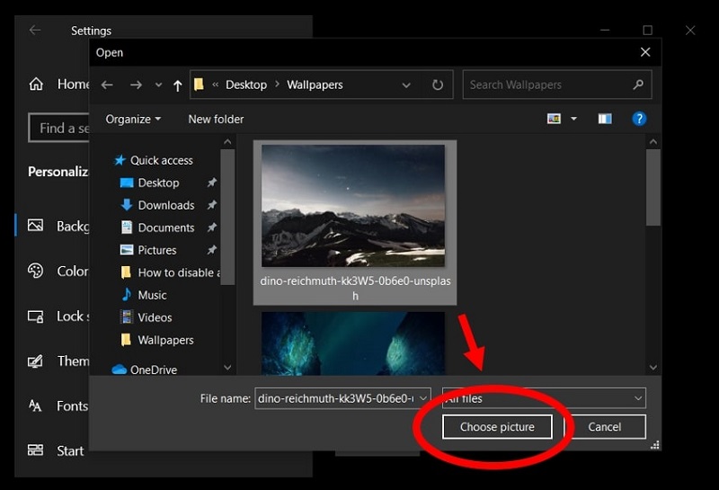 Windows 10 Pop-up menu highlighting the Choose Picture option