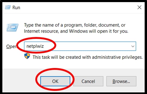 Run Dialog box with netplwiz command to disable the auto-login in Windows 10