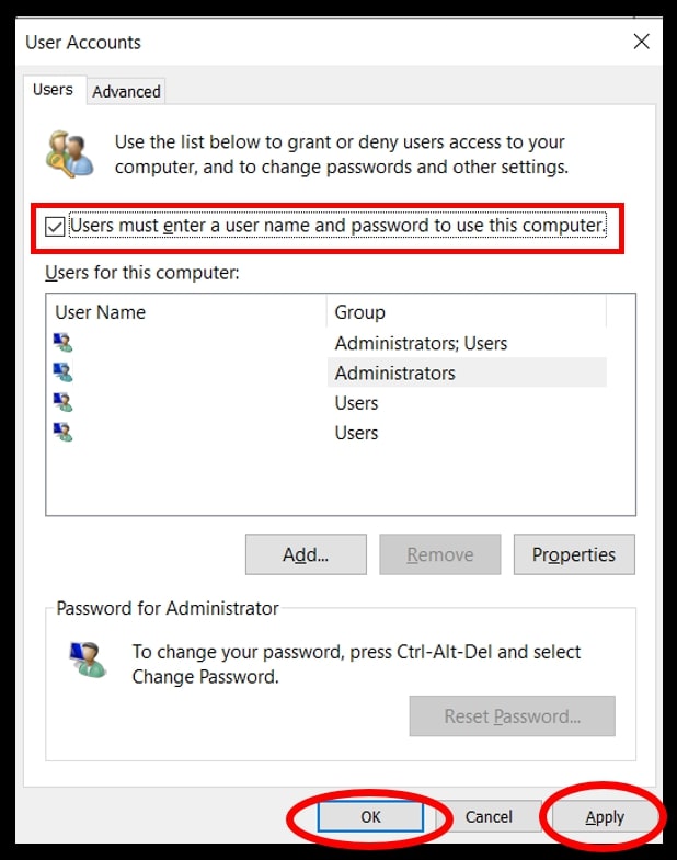 User Accounts menu highlighting how to disable automatic login in Windows 10