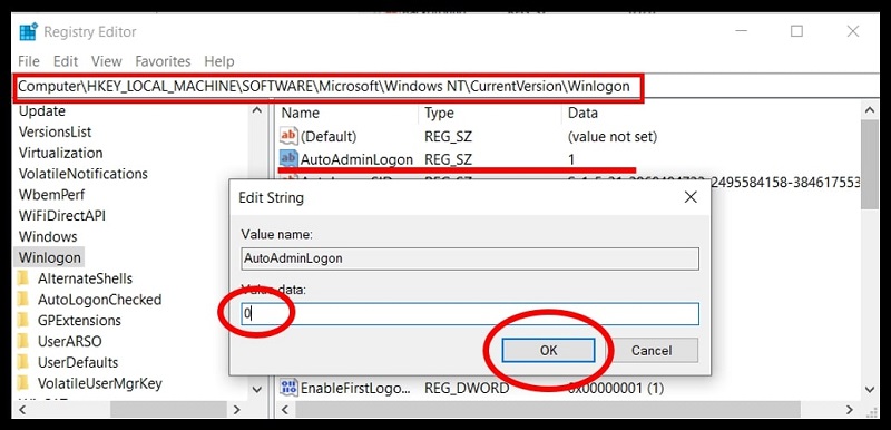 registry editor highlighting the change of the subkey to disable the auto-login in Windows 10