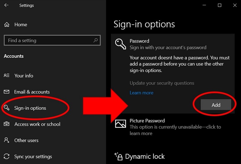 Accounts section highlighting the toggles to create a password in Windows 10