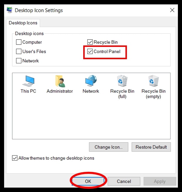 Paramètres de l'icône du bureau pour créer un raccourci du bureau sous Windows 10