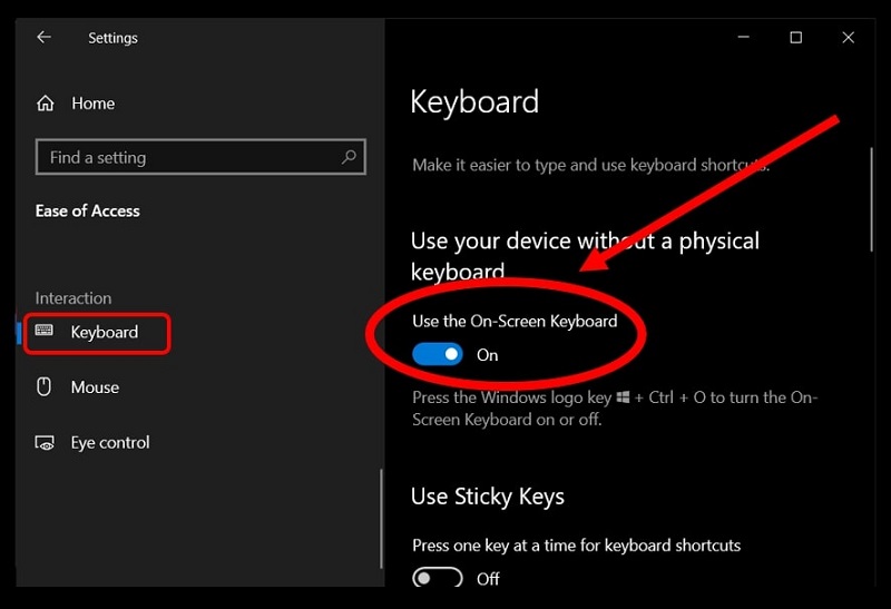 The Ease of Access menu enables the On-Screen Keyboard in Windows 10