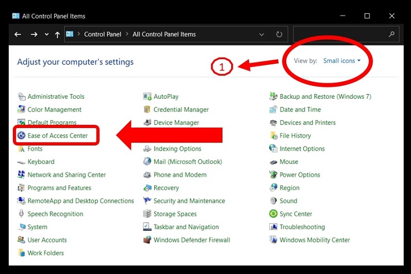 Control panel menu highlighting the Ease of Access center on Windows 10