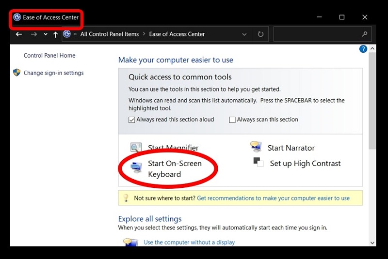 The Ease of Access center highlighting the Start On-Screen Keyboard option