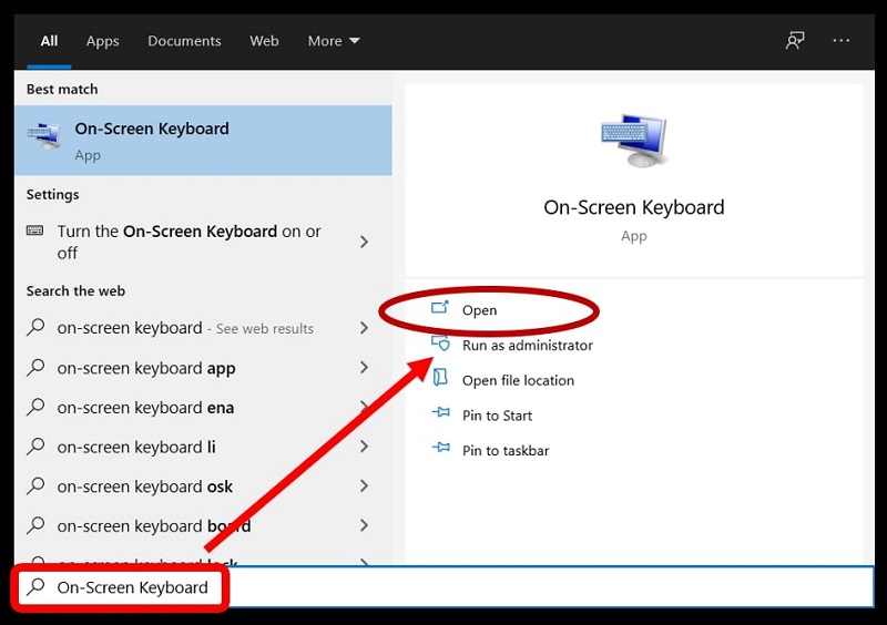 Windows 10 Search highlighting how to open the virtual keyboard in Windows 10
