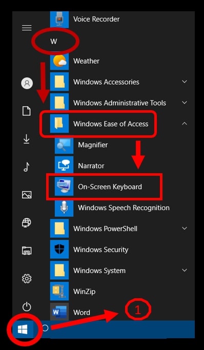 The Start menu with the path to access On-Screen Keyboard in Windows 10
