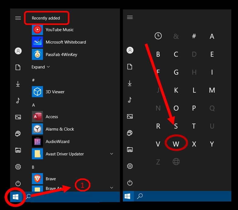 Le menu Démarrer mettant en évidence le chemin vers la facilité d'accès de Windows dans Windows 10