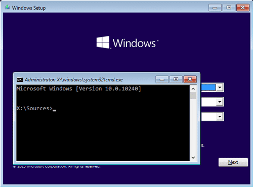 Fenêtre CMD du disque d'installation sur Windows 10