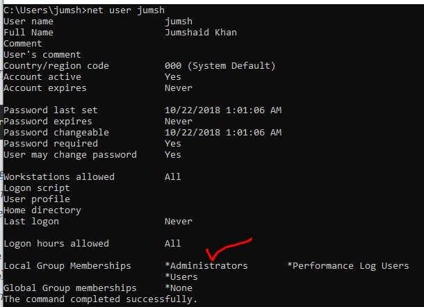 net user command on Windows 10 Command Prompt