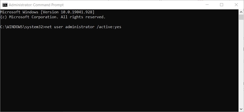 The net user command for activating built-in admin accounts on Windows 10