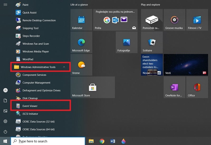 Open Event Viewer in Windows 10 from the Start Menu