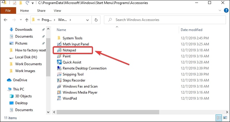 Ouvrir le bloc-notes sous Windows 10 en utilisant l'explorateur de fichiers