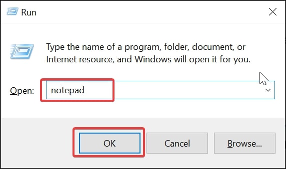 Ouvrir le Bloc-notes sur Windows 10 via la fenêtre de commande Exécuter