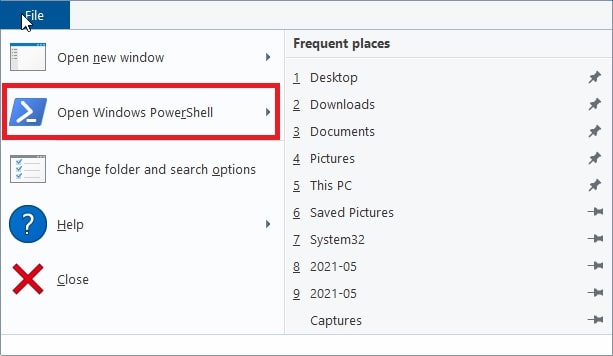 The Open Windows PowerShell option on the File tab