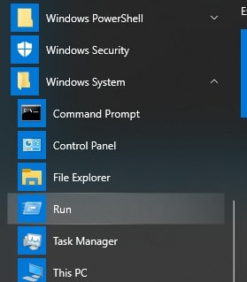Open Run Command Window in Windows 10 from the Start Menu