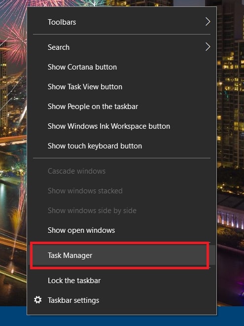 Task Manager on the taskbar’s right-click menu Windows 10