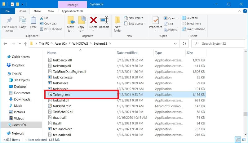 Ouvrir le gestionnaire des tâches dans Windows 10 dans l'explorateur de fichiers