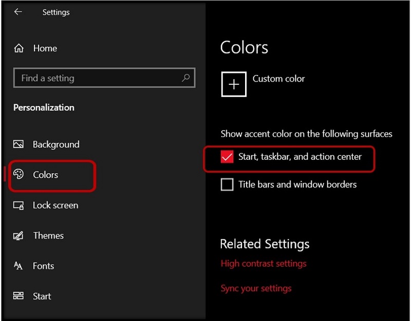 Personalize menu with checkbox to change the taskbar color on Windows 10