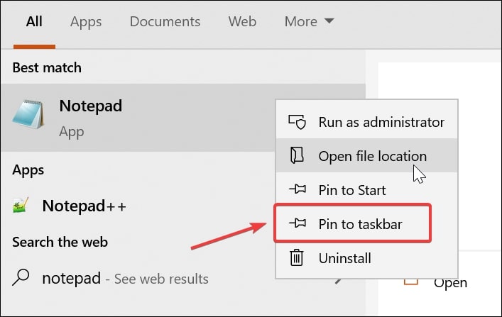 Pin Notepad to taskbar Windows 10