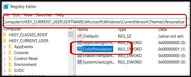 Registre avec option ColorPrevalece pour changer la couleur de la barre des tâches de Windows 10