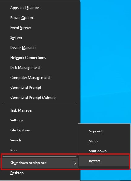Redémarrer l'ordinateur Windows 10 dans le menu Utilisateur avancé